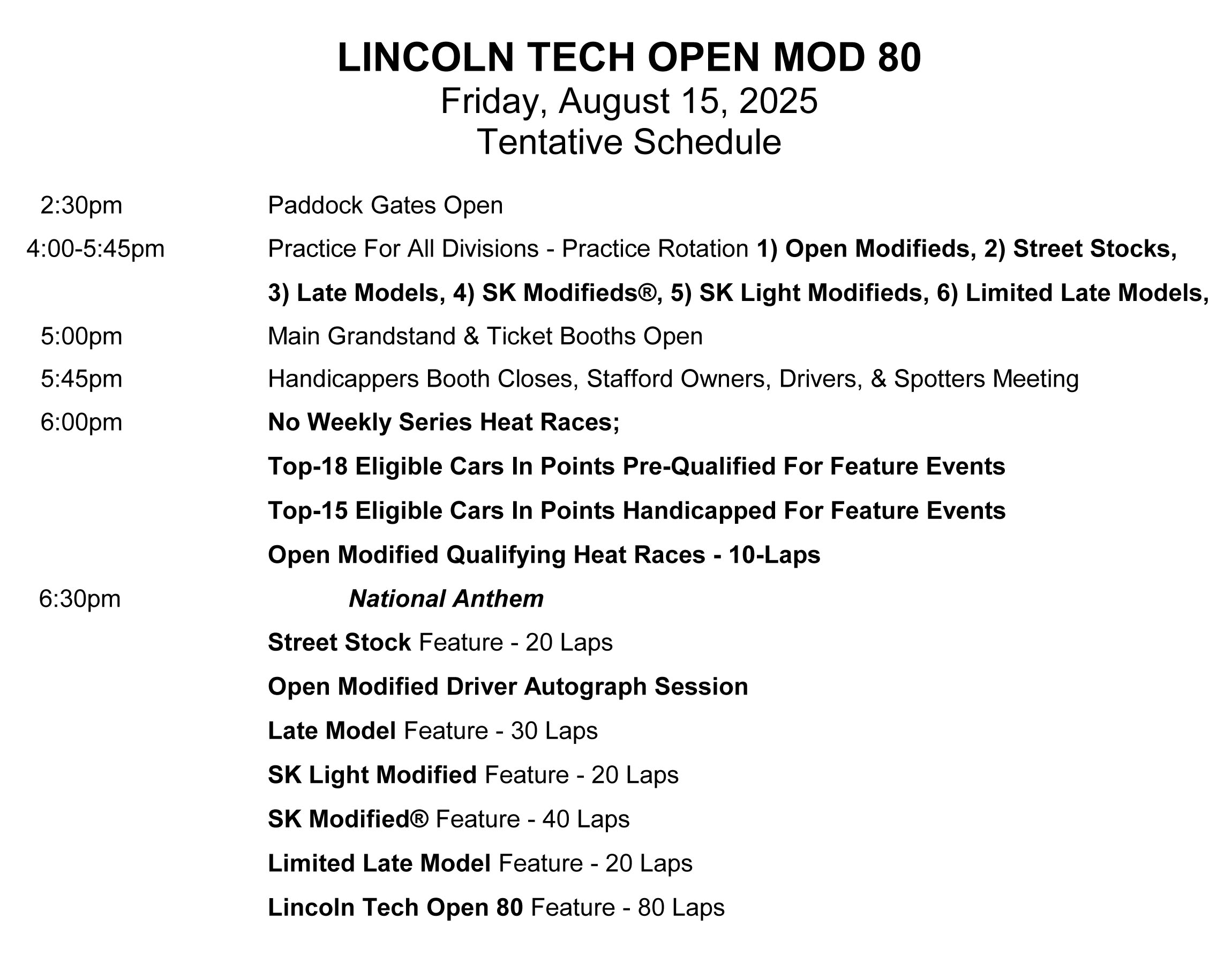 August 15, 2025 Lincoln Tech 80 Tentative Schedule