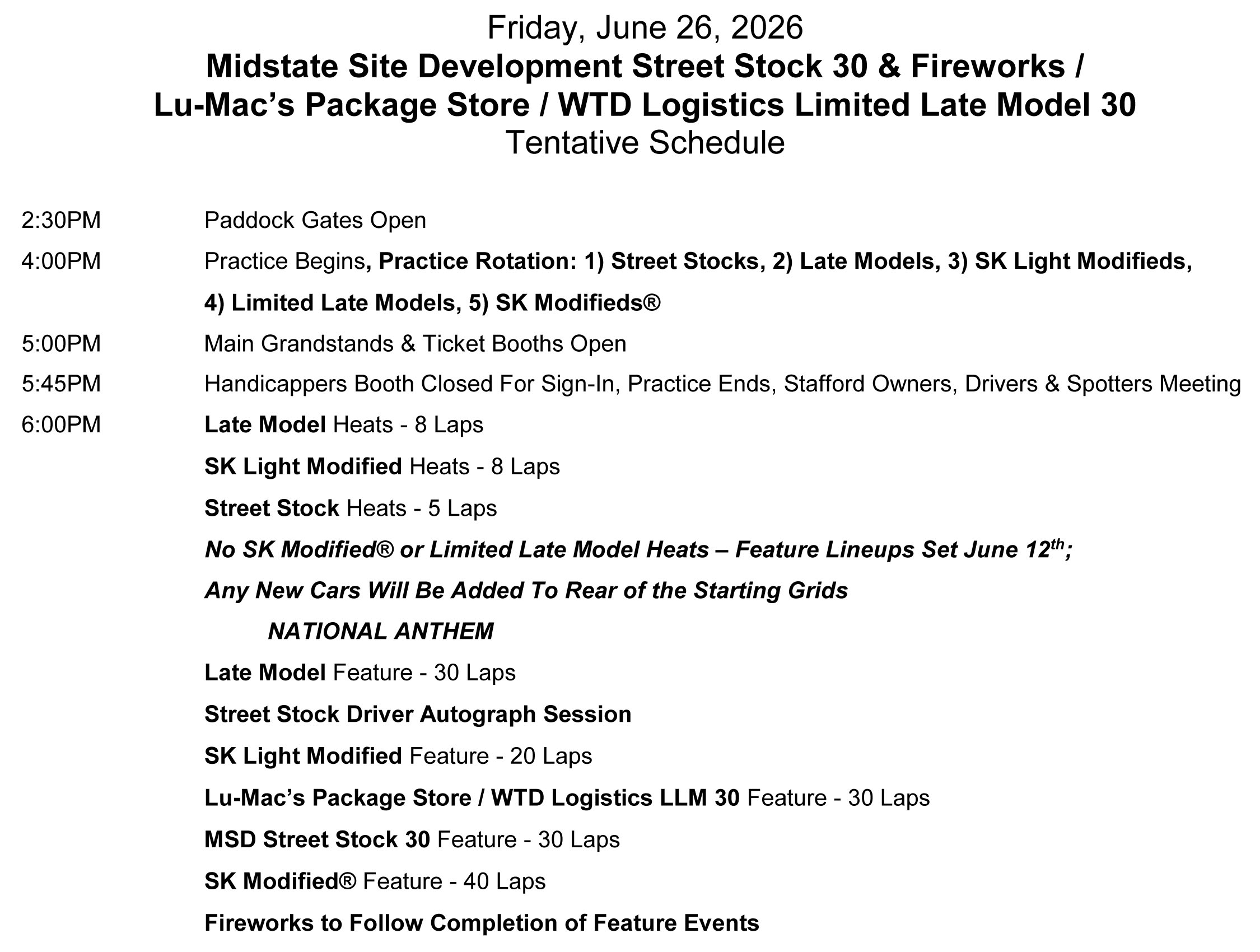 June 26, 2026 MSD SS 30 & Fireworks / Lu-Mac's / WTD Logistics L
