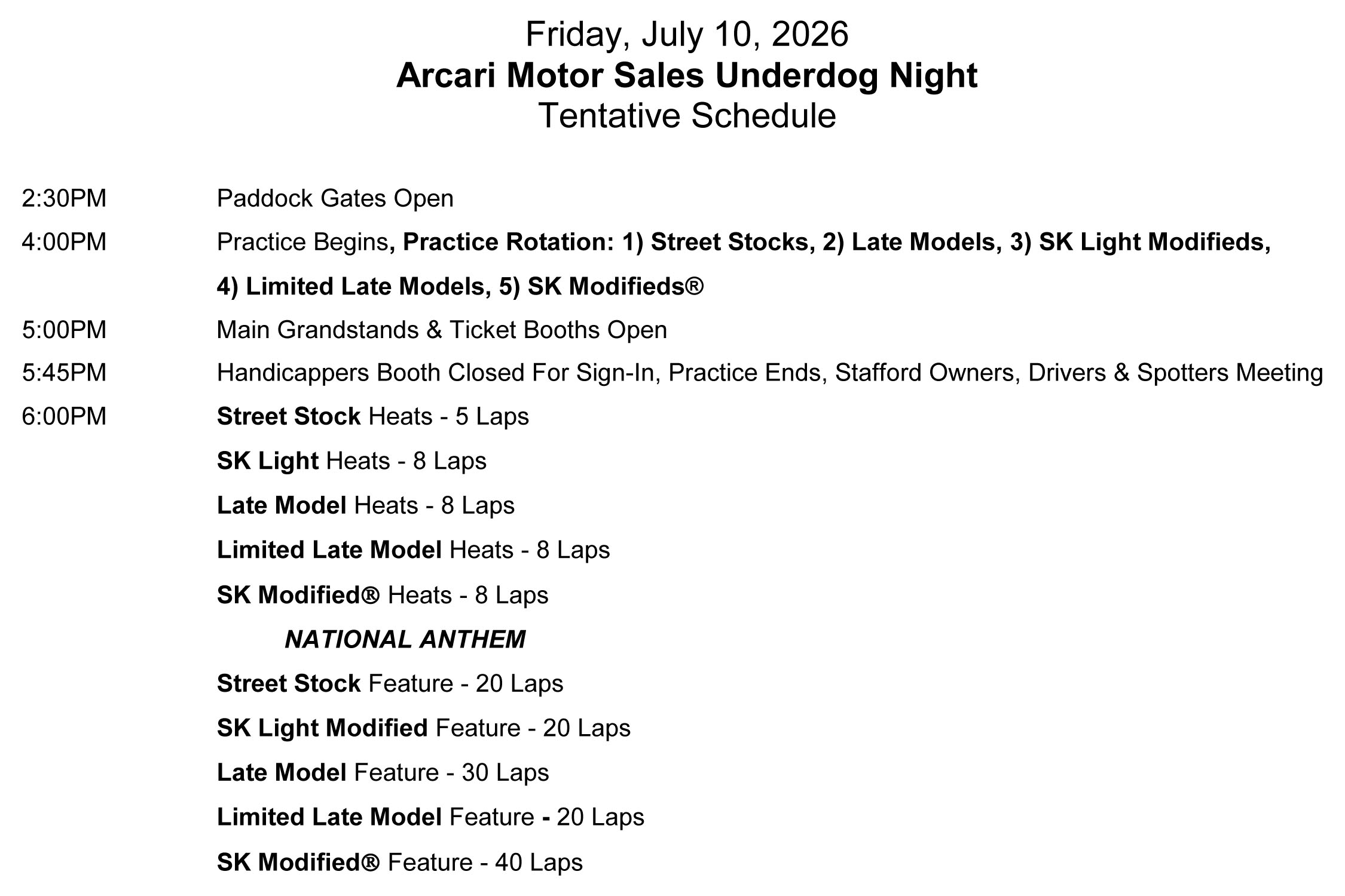 July 10, 2026 Arcari Motor Sales Underdog Night