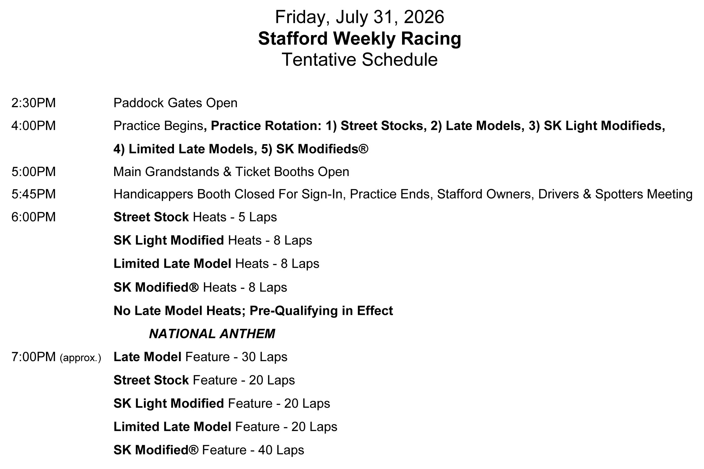 July 31, 2026 Stafford Weekly Racing