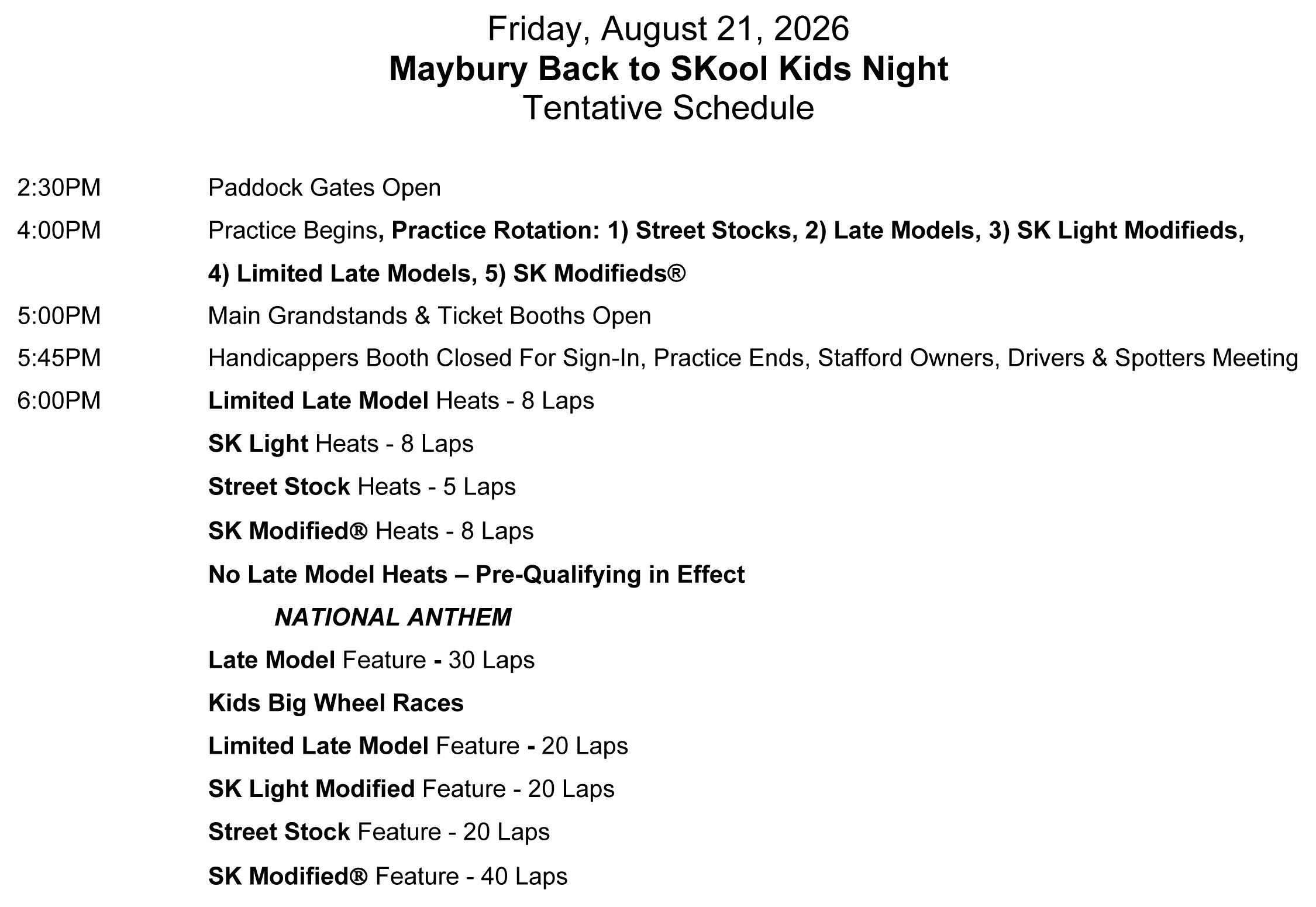 August 21, 2026 Maybury Back to SKool Kids Night