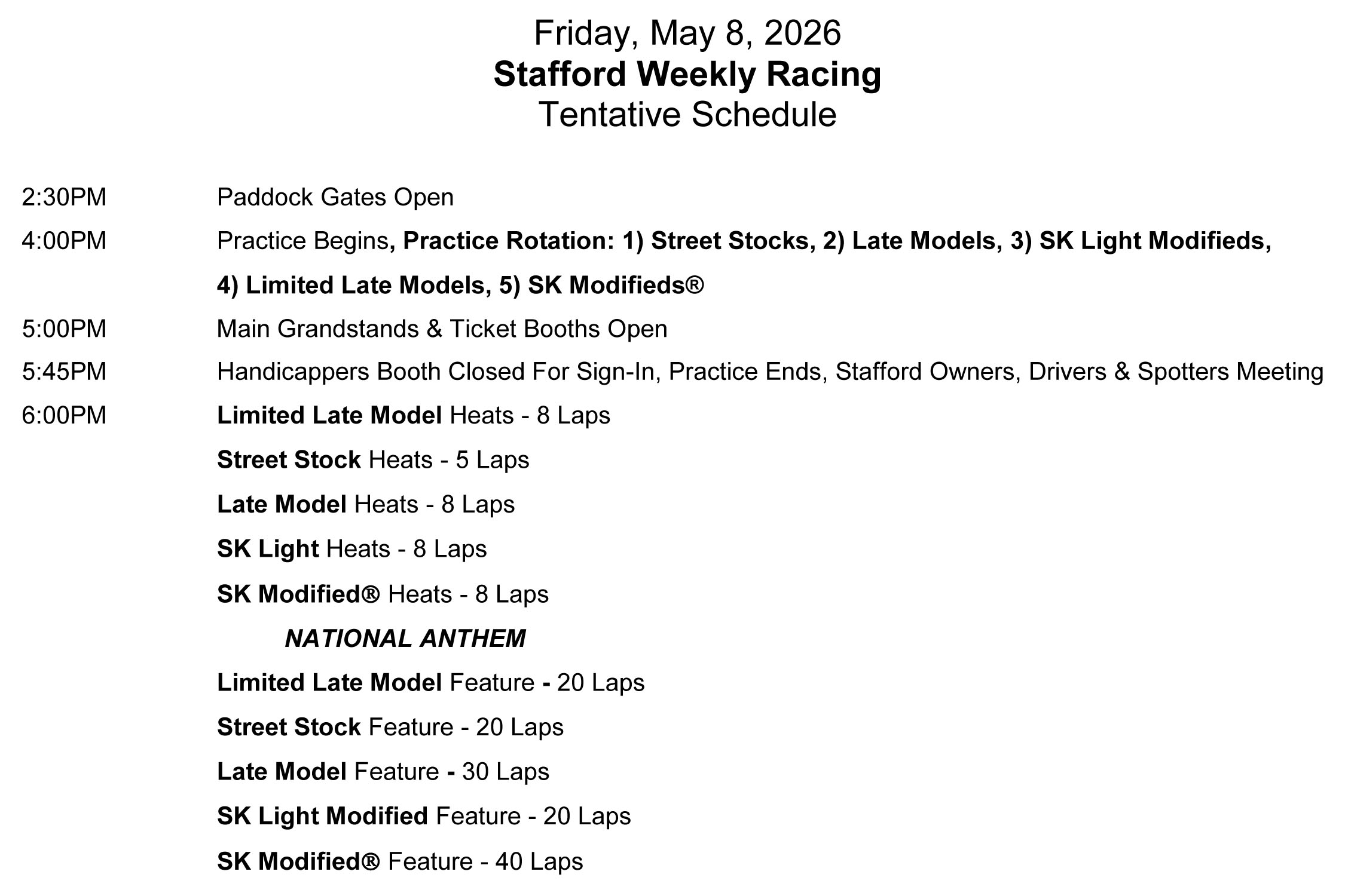 May 8, 2026 Stafford Weekly Racing